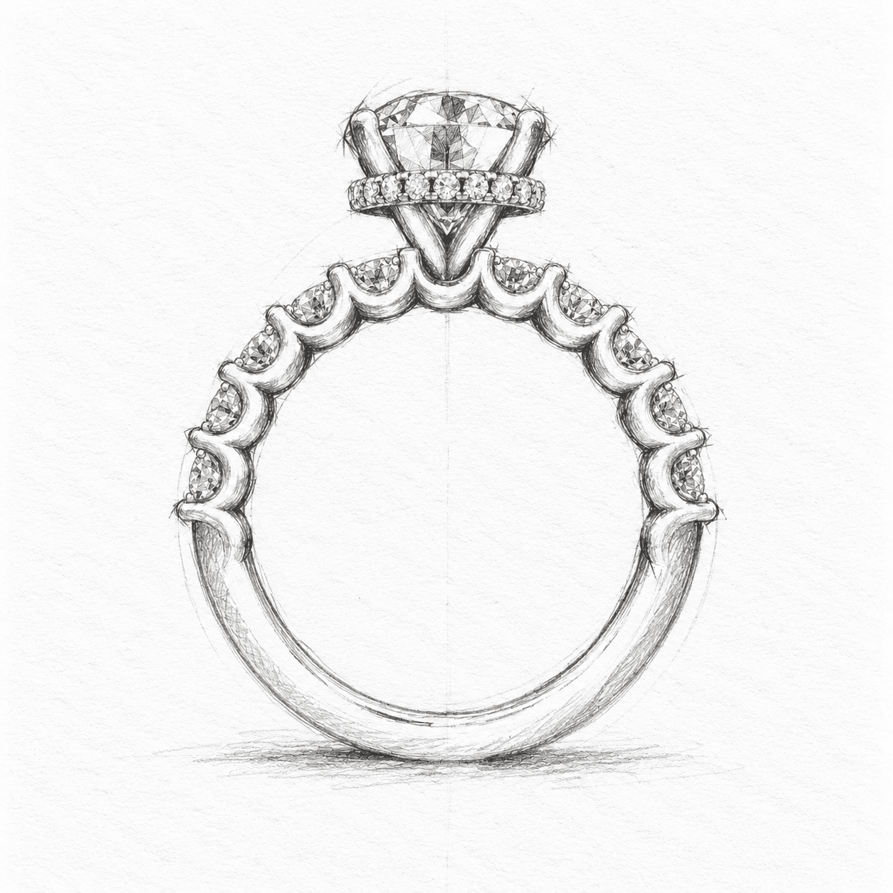 Pencil drawing of an engagement ring in side view, with a raised center setting and stones along the shoulders.
