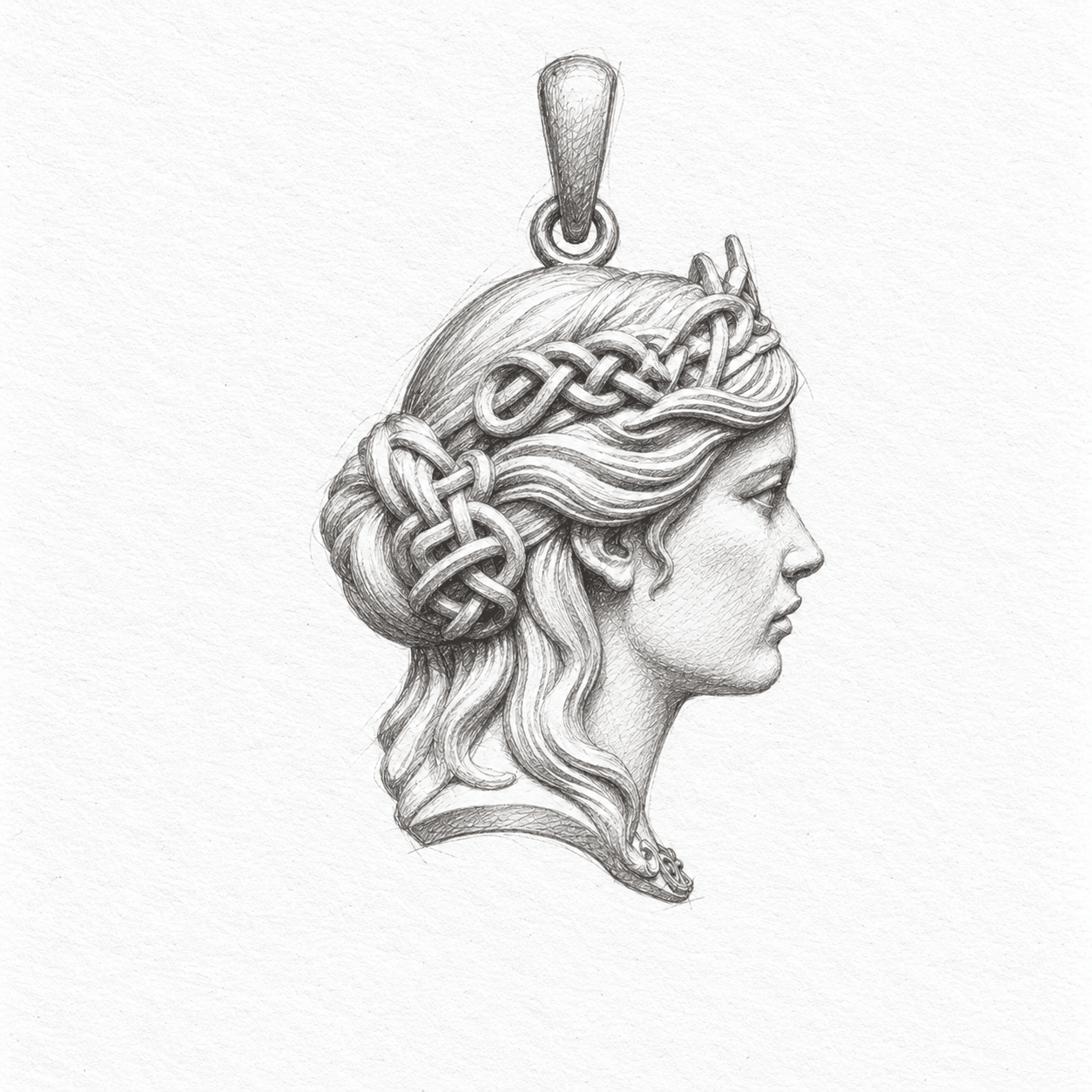 Pencil drawing of a pendant in profile, with flowing hair, interwoven ornament, and a hanging bail.