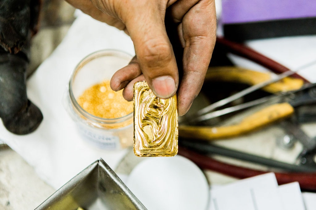 A hand-poured gold ingot at the Golden Casting workshop